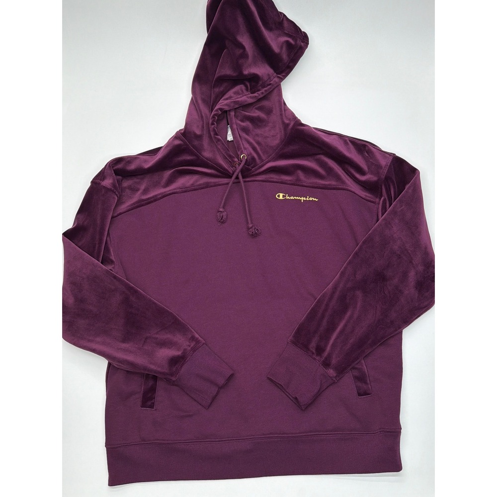 Champion Womens Velour Mixed Media Hoodie Purple Gold Script Logo Size‎ Large